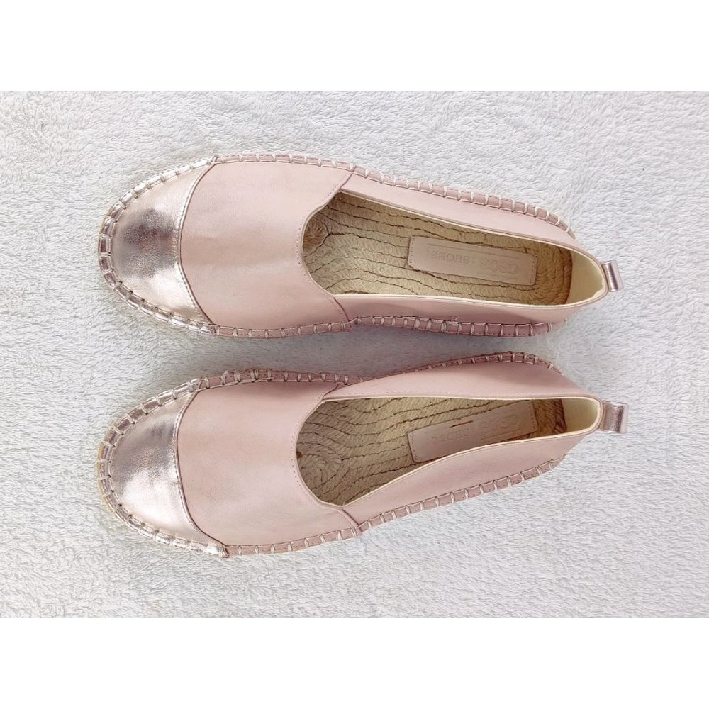 ASOS Espadrille Flat Pink Blush Faux Leather Rose Gold Metallic Toe Cap Rope - Picture 2 of 11